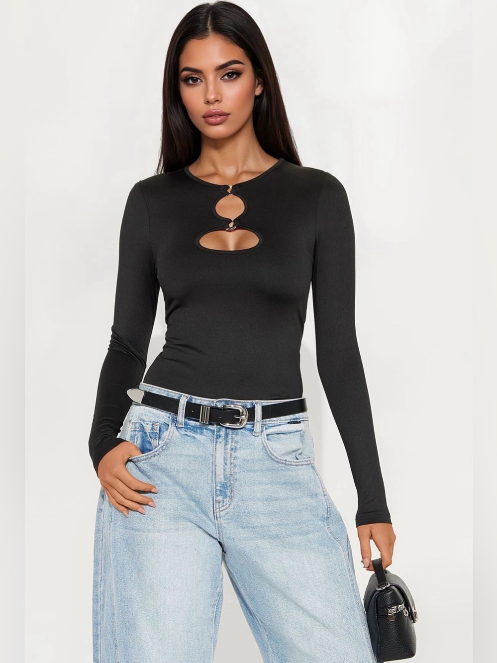 Black Keyhole Long Sleeve cutout Top